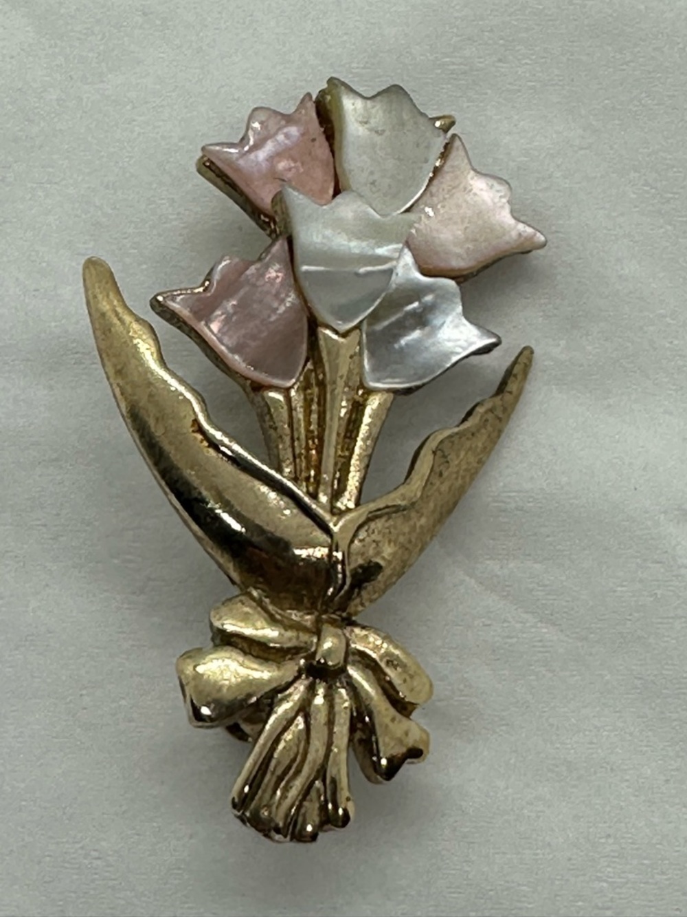 Gold-Tone Floral Bouquet Brooch with Pink and White Enamel Flowers